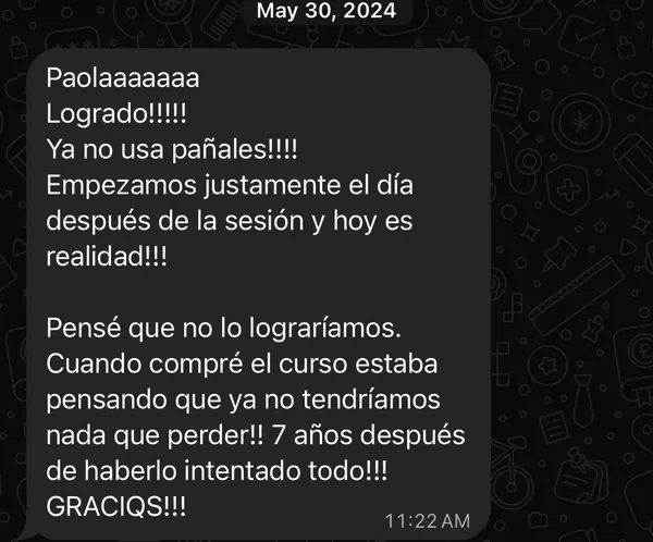 Mensaje de una mamá: su hijo ya no usa pañales; empezaron el día después de la sesión, siete años después de haberlo intentado todo.