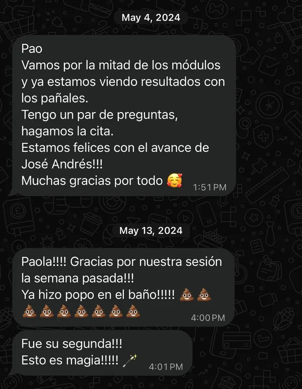 Mensajes de una familia: a mitad de los módulos ya ven resultados con los pañales y su hijo hizo popó en el baño por segunda vez.