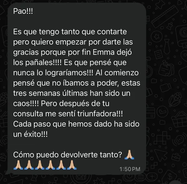 Mensaje de una mamá: su hija Emma por fin dejó los pañales después de la consulta.